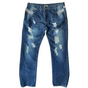 City Ink Men Waxed & Ripped Denim Straight Leg Jeans size 36 x 32, Blue